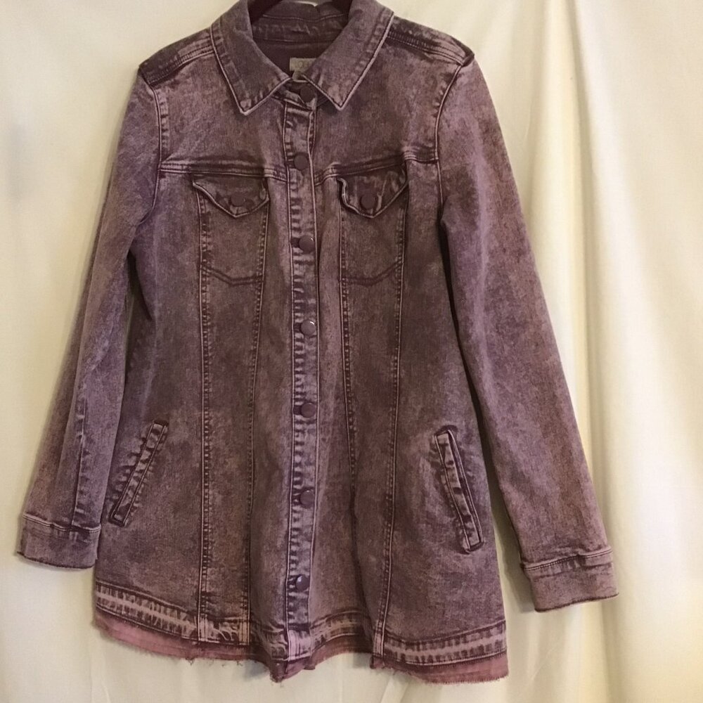 LOGO Lori Goldstein Distressed Vintage Wash Mauve Buttoned Denim Jacket SIZE 12
